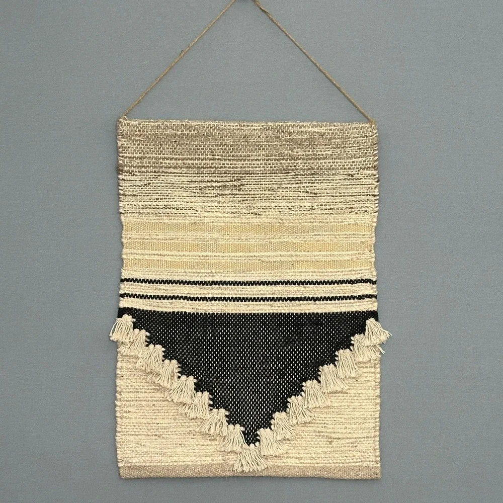 Threshold Woven Geometric Wall Hanging Tassel Trim Beige Black Boho Decor 18x25